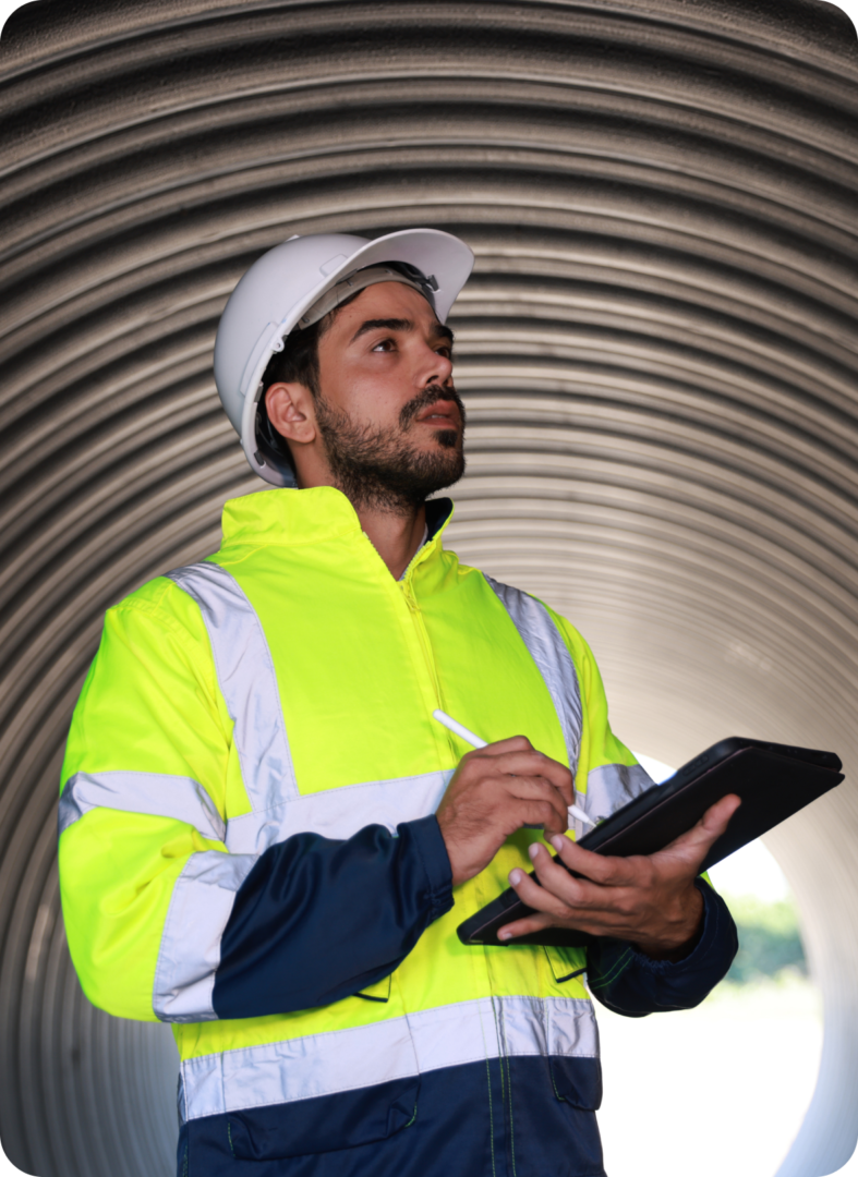 Construction worker using tablet in tunnel.